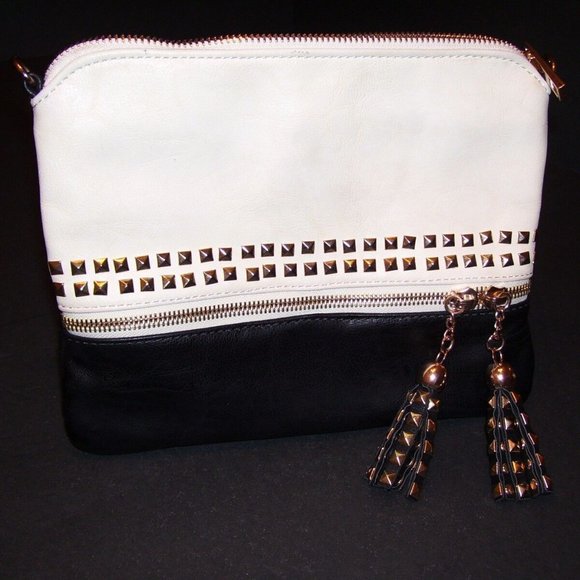 MMS Handbag Clutch Purse Tan Black Two Tone Studs Tassels Bag Gold Hardware - Picture 2 of 6